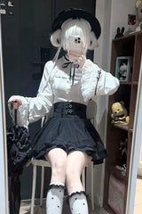 Black/White [Moonlit Butterfly] Lapel Collar Long Trumpet Sleeves Ruffled Bow Lace Jirai Kei Japanese Skirt Set - Product - 4