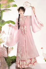 Pink Stand Collar Long Sleeves Ming-Style Embroidery Cloud Shoulder Sweet Hanfu Horse-Face Dress Set - Product - 2