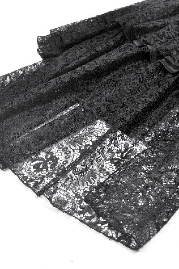 Black Square Collar Long Trumpet Sleeves Lace Lace-Up Multi-Layered High-Low Women's Gothic Dress - Product - 14