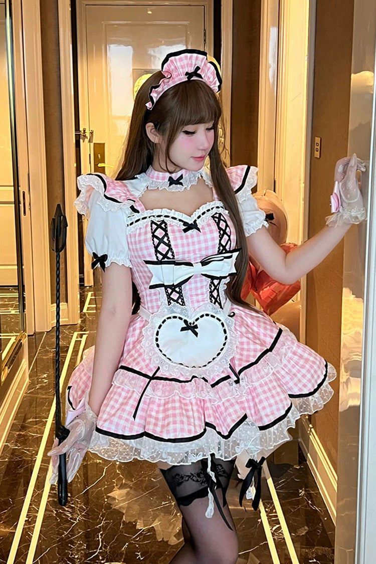 Pink [Girlish Plaid] Square Collar Short Sleeves Double-Layered Printed Ruffled Bow Lace Maid Sweet Lolita Dress - Pink - 1