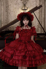 Red [Rose Manor] Square Collar Short Sleeves Ruffled Bow Lace Classic Lolita Dress - Product - 5