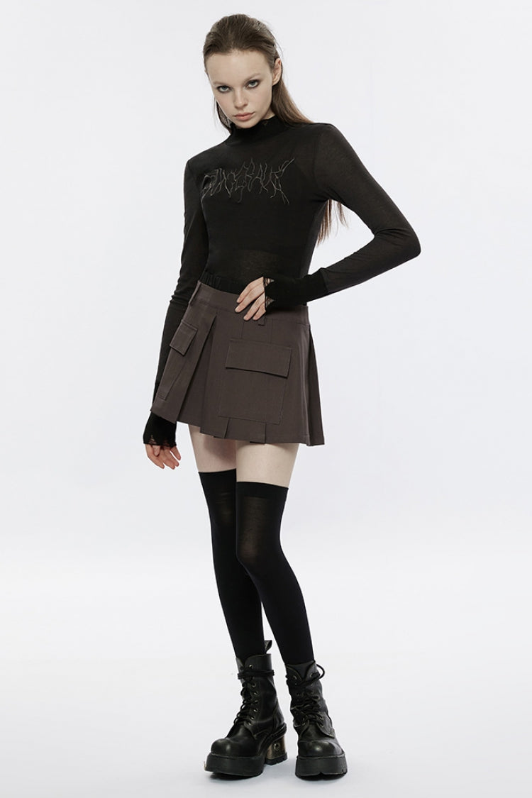 High Collar Long Sleeves Font Embroidery Slim Women's Punk T-Shirt 2 Colors - Product - 12