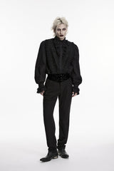 Black Stand Collar Long Puff Sleeves Embroidered Lace Men's Shirt - Product - 4