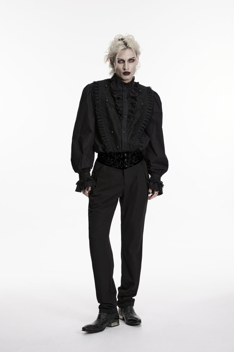 Black Stand Collar Long Puff Sleeves Embroidered Lace Men's Shirt - Product - 4