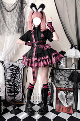 Electronic Kitten Dark Girl Multi-layer Plaid Print Ruffle Bowknot Gothic Lolita Skirt 3 Colors - Pink - 8