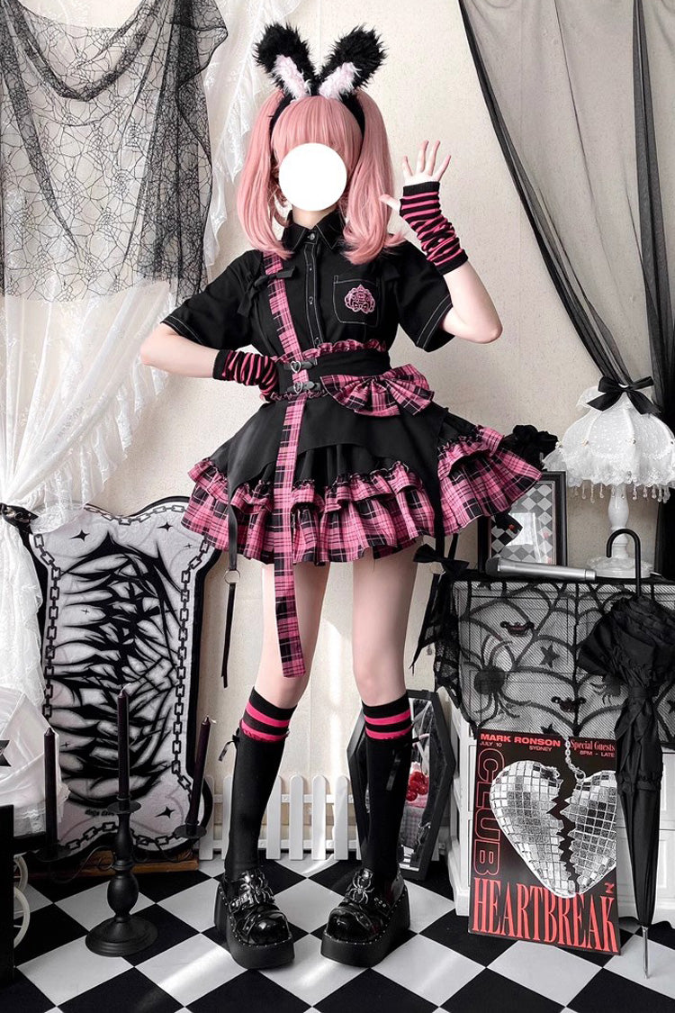 Electronic Kitten Dark Girl Multi-layer Plaid Print Ruffle Bowknot Gothic Lolita Skirt 3 Colors - Pink - 8