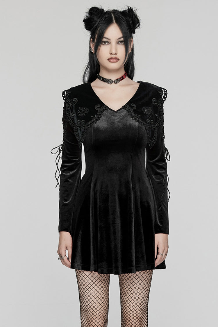 Black Doll Collar Long Sleeves Gradient Embroidery Women's Gothic Prom Dress - Black - 1