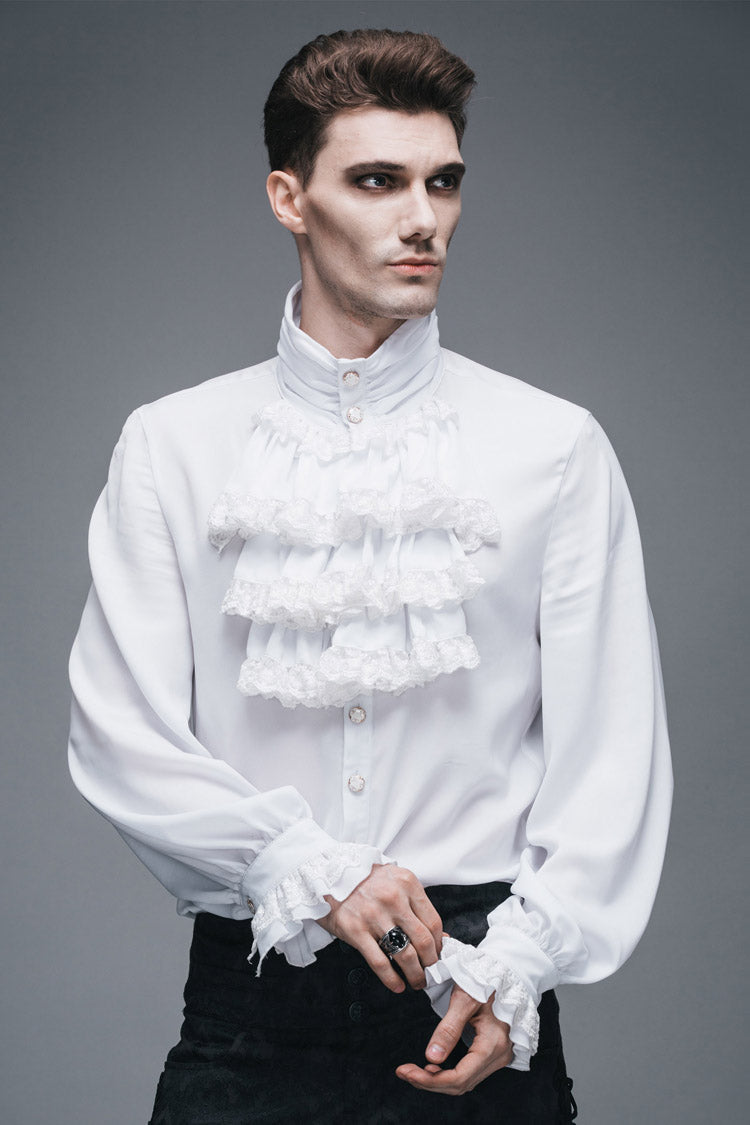 White Ruffled Lace Button-Up Micro-bullet Chiffon Long Sleeve Men's Gothic Shirt - Product - 4