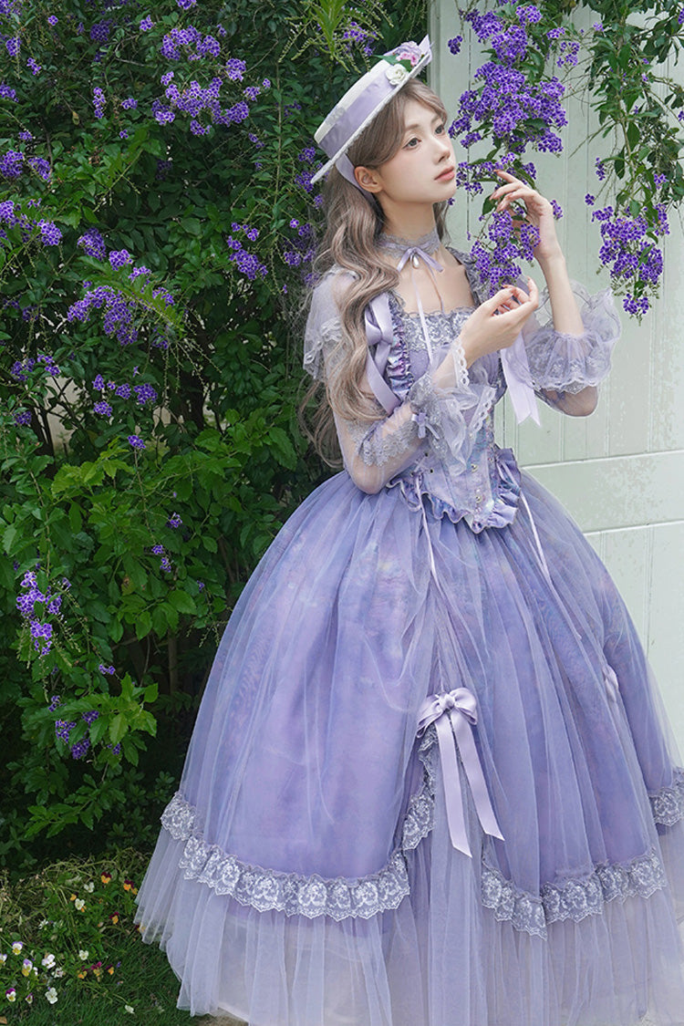 Purple Square Collar Long Sleeves Ruffle Bowknot Lace Fishbone Sweet Lolita Dress - Product - 4