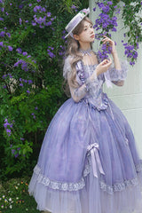 Purple Square Collar Long Sleeves Ruffle Bowknot Lace Fishbone Sweet Lolita Dress - Product - 4