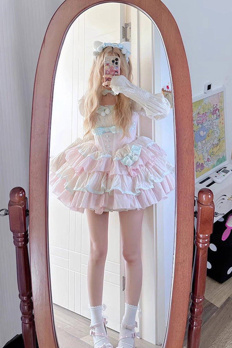 Pink Multi-layer Ruffle Bowknot Sweet Princess Lolita Tiered Dress - Product - 4