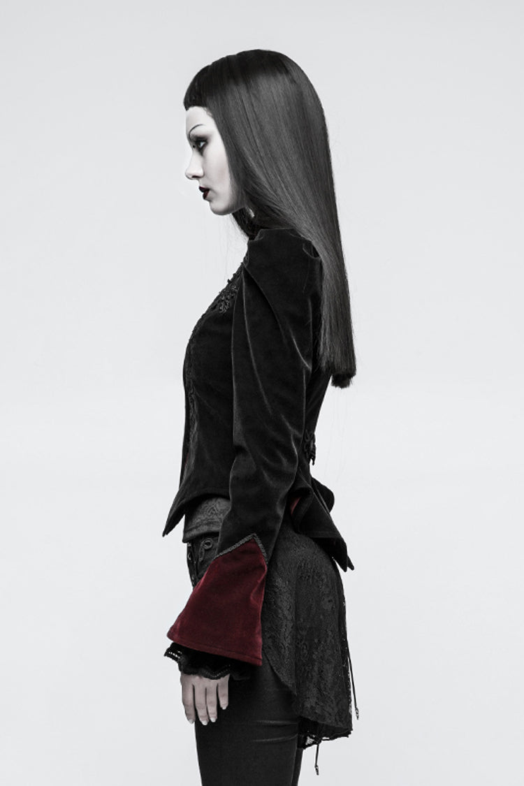 Black 3D Floral Decoration Stand Collar Long Sleeves Womens Gothic Jacket - Product - 2
