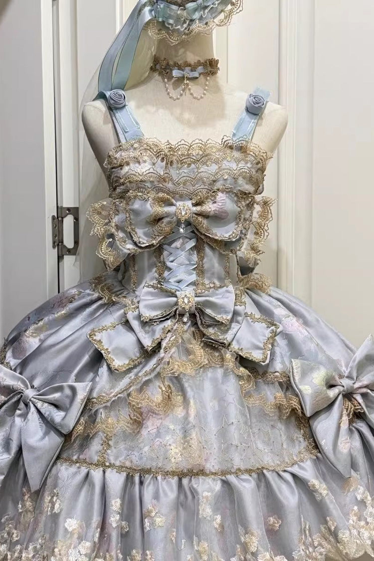 Sweet Sleeveless Ruffled Foil-Stamped Embroidered Open-Front Bow Lace Gorgeous Lolita Jsk Dress 4 Colors - Blue - 2