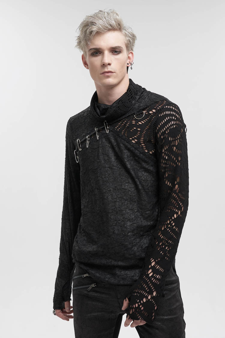 Black Fashion Printed Fabric Stitching Ripped Mesh Detachable Long Sleeve Men's Punk T-Shirt - Product - 2