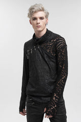 Black Fashion Printed Fabric Stitching Ripped Mesh Detachable Long Sleeve Men's Punk T-Shirt - Product - 2