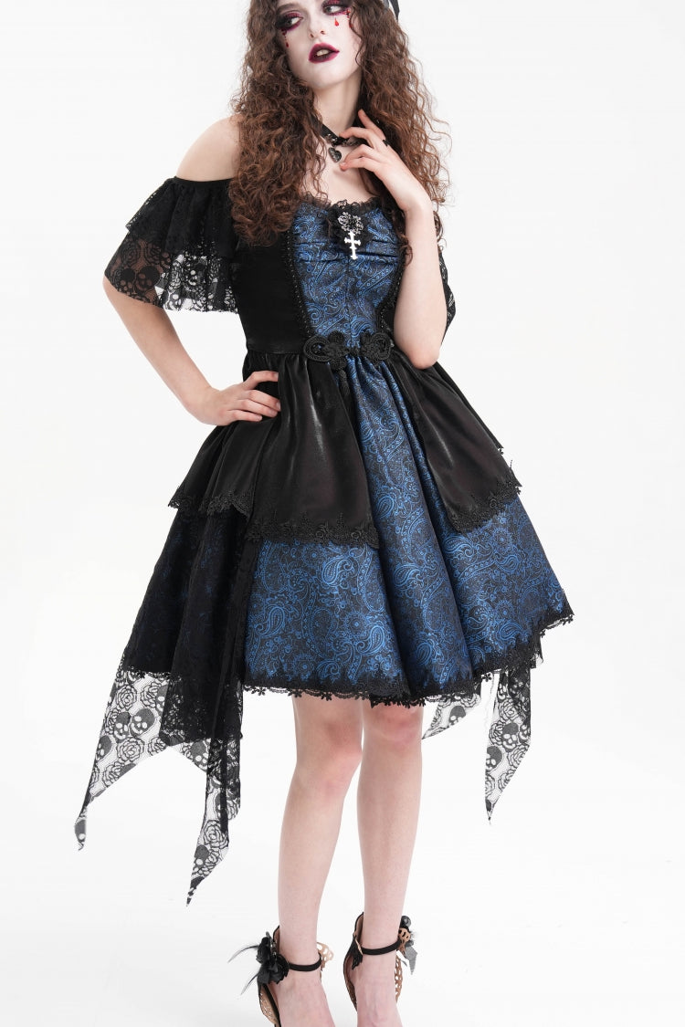 Blue Halterneck Lace Lace-Up Irregular Hem Women's Gothic Dress - Product - 7