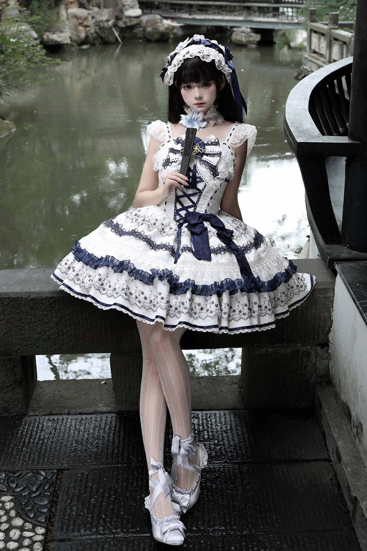 White/Blue [Mandarin Duck Rhapsody] Sleeveless Porcelain Printed Ruffled Bow Lace Chinese Style Sweet Lolita Jsk Dress - Product - 2