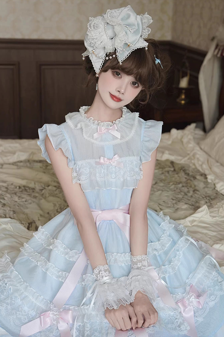 Blue [Frosted Cake] Stand Collar Sleeveless Ruffled Bow Lace Sweet Japanese Princess Lolita Tiered Dress - Product - 4