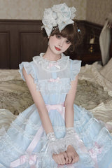 Blue [Frosted Cake] Stand Collar Sleeveless Ruffled Bow Lace Sweet Japanese Princess Lolita Tiered Dress - Product - 4