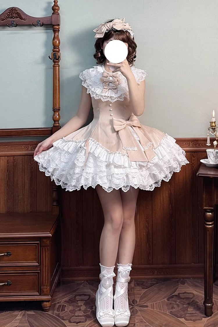 Champagne [Miss Tsundere] Sleeveless Multi-Layered Ruffle Bowknot Lace Asymmetric Sweet Princess Lolita Dress - Product - 7