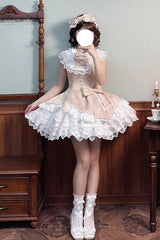 Champagne [Miss Tsundere] Sleeveless Multi-Layered Ruffle Bowknot Lace Asymmetric Sweet Princess Lolita Dress - Product - 7
