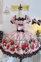 Pink [Strawberry Chocolate Lover] Square Collar Short Sleeves Printed Ruffled Bow Lace Sweet Lolita Dress - Product - 3