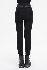 Black High Waisted Loophole Ripped Buckle Women's Punk Pants - Product - 5