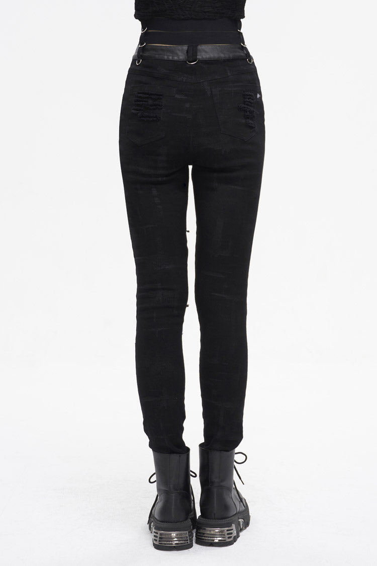 Black High Waisted Loophole Ripped Buckle Women's Punk Pants - Product - 5