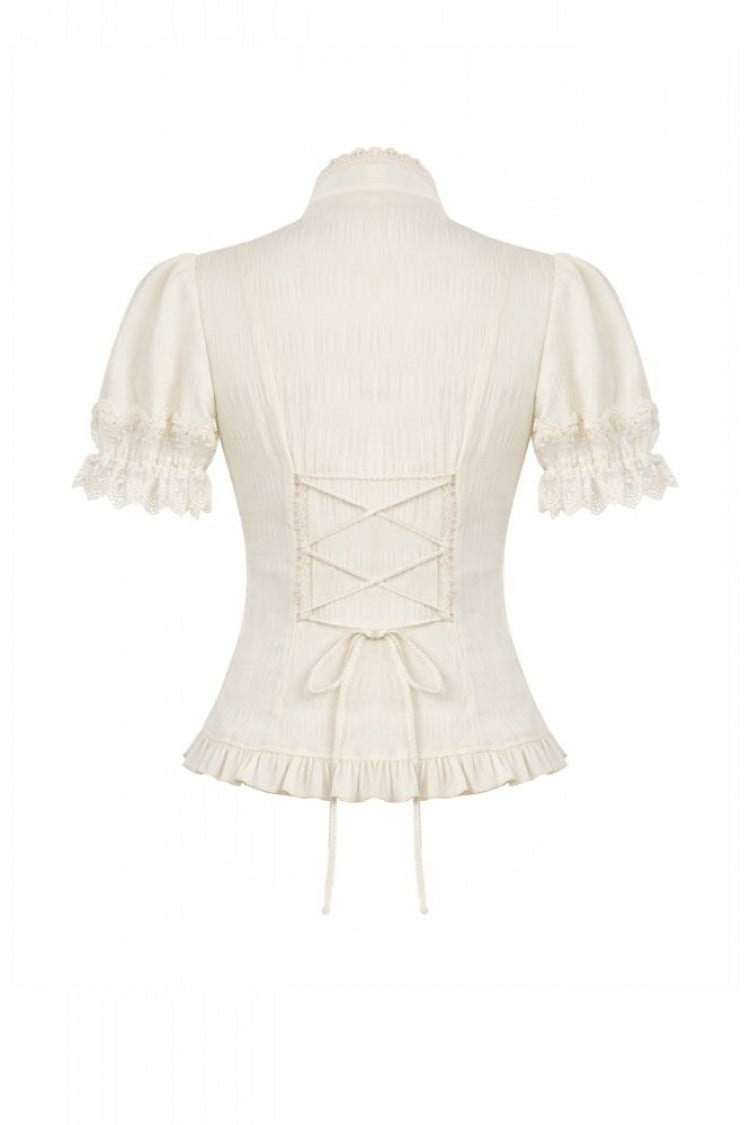 Beige Stand Collar Short Puff Sleeves Lace Sheer Lace-Up Women's Gothic Blouse with Detachable Bowknot - Product - 16