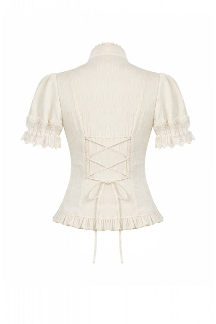 Beige Stand Collar Short Puff Sleeves Lace Sheer Lace-Up Women's Gothic Blouse with Detachable Bowknot - Product - 16