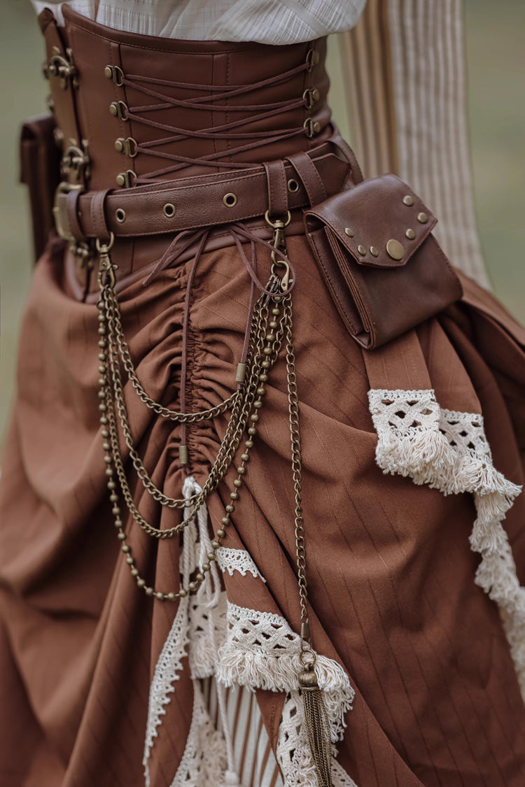 White/Brown Victorian Style Triple-Layered Striped Print Ruffle Classic Vintage Lolita Basil Skirt - Product - 9