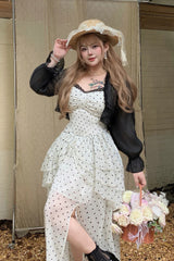 Black/White Square Collar Sleeveless Polka Dot Printed Ruffled Lace Sweet Plus Size Lolita Jsk Dress - Product - 2