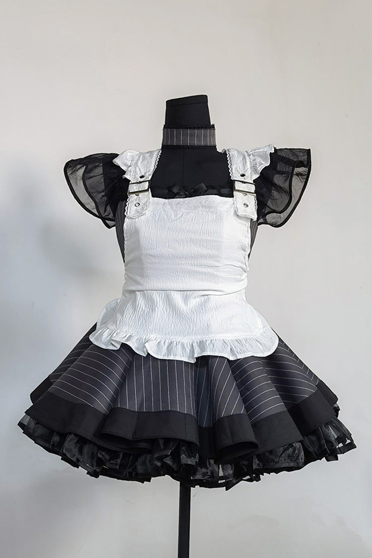 Grey Stripe Print Ruffle Bowknot Gothic Japanese Maid Lolita Dress - Product - 5