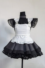 Grey Stripe Print Ruffle Bowknot Gothic Japanese Maid Lolita Dress - Product - 5