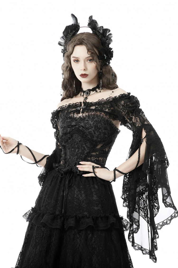 Black Off Shoulder Lace Long Trumpet Sleeves Floral Mesh Women's Gothic Cape - Product - 2
