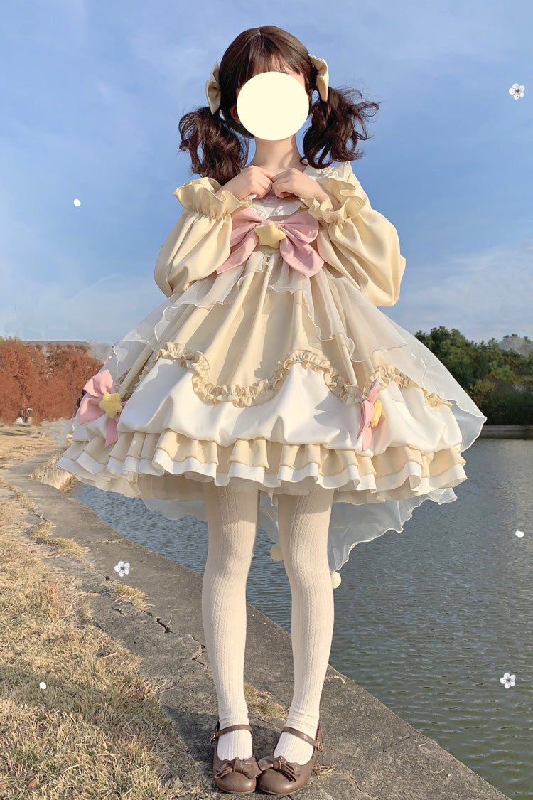 [Pray Star] Long Sleeves Double-Layered Ruffle Bowknot Stitching Lace Sweet Lolita Dress 5 Colors - Product - 11