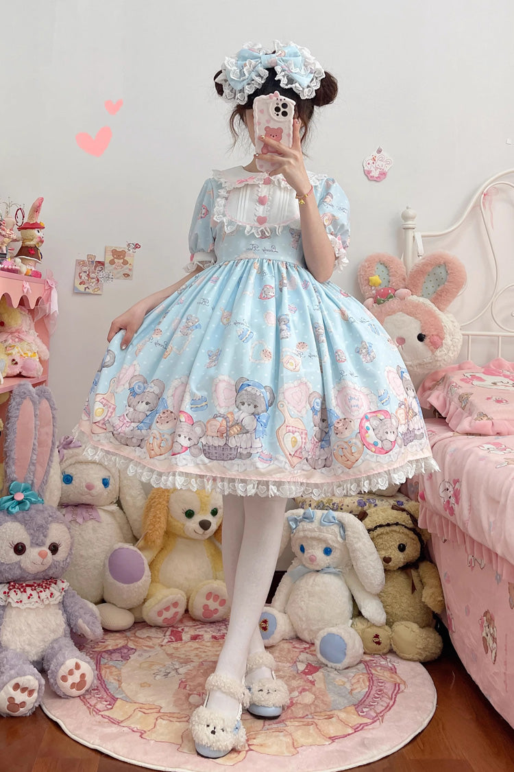 Blue Short Sleeves Baked Bear Print Ruffle Sweet (Dress Only) front view