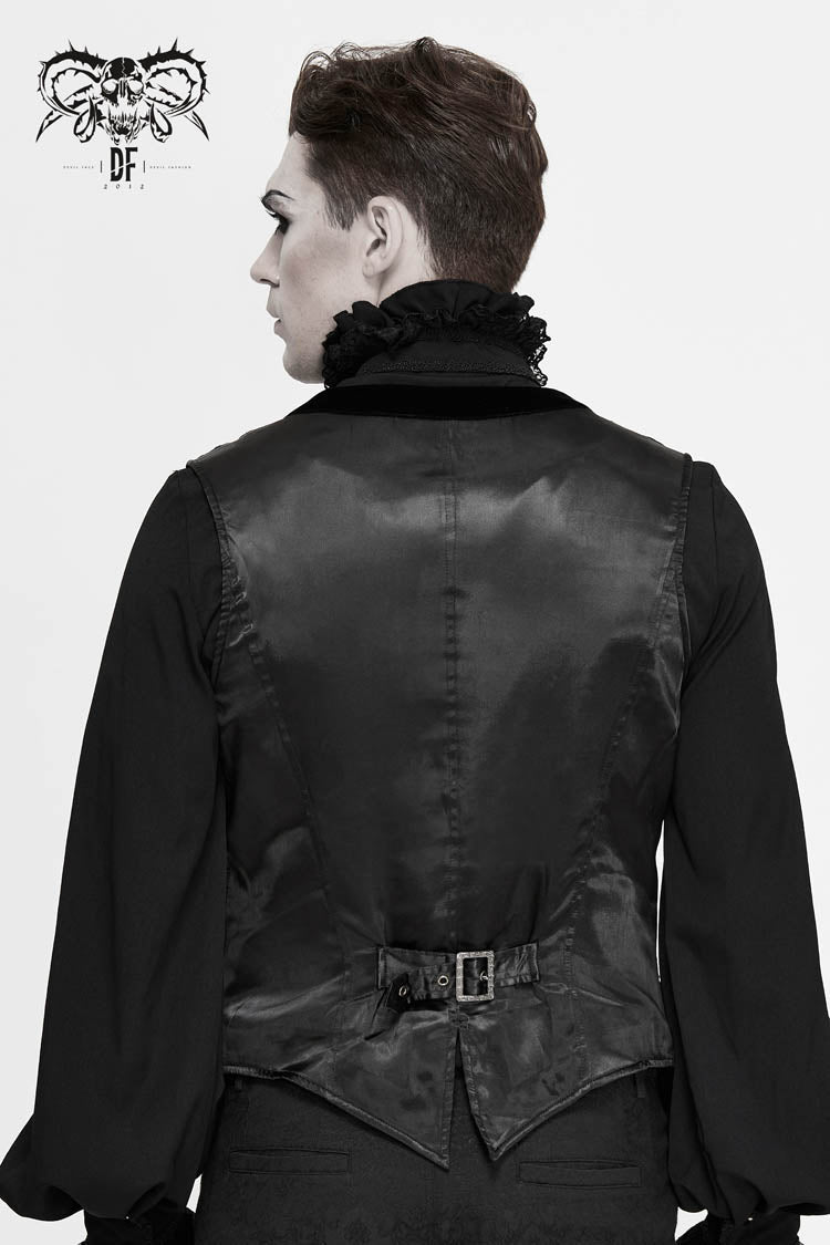 Black Velveteen Asymmetrical Pleated Splice Waist Loop Men's Gothic Waistcoat - Product - 3