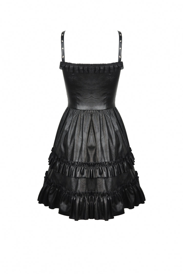 Black Sleeveless Layered Buckled Zippered Women's Gothic Faux Leather Strap Dress - Product - 13