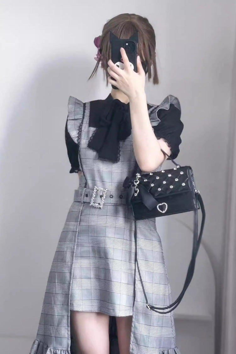 Grey Sleeveless Plaid Print Ruffle Slim Elegant Irregular Jirai Kei Dress - Product - 3