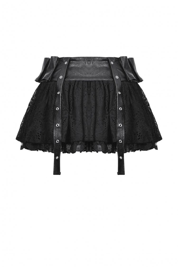Black Faux Leather Spliced Lace Lace-Up Women's Punk Mini Skirt - Product - 12