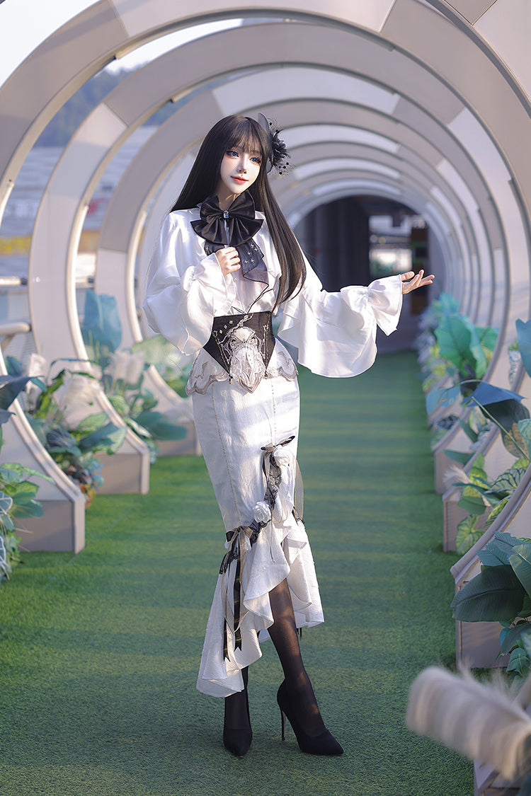 White [Star Gate] Jacquard Embroidery Bowknot Irregular Sweet Elegant Princess Lolita Skirt - Product - 4