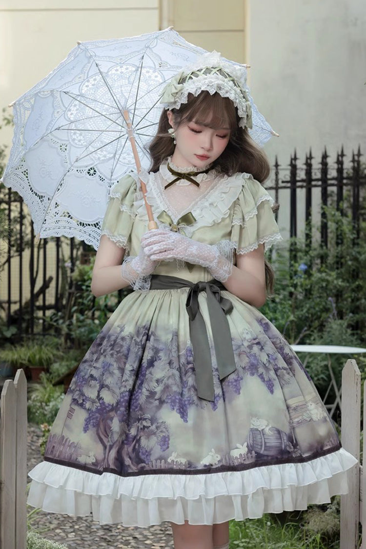 Multi-Color Short Sleeves Vineyard Print Ruffle Bowknot Sweet Princess Lolita Dress - Product - 4
