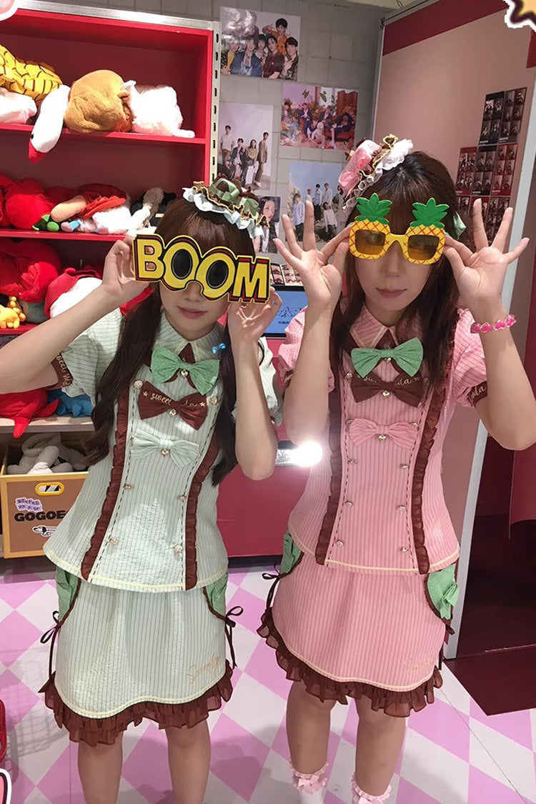 Pink [Sweet Soda] Short Sleeves Print Ruffle Bowknot Apron Sweet Vintage Lolita Skirt Set - Product - 3