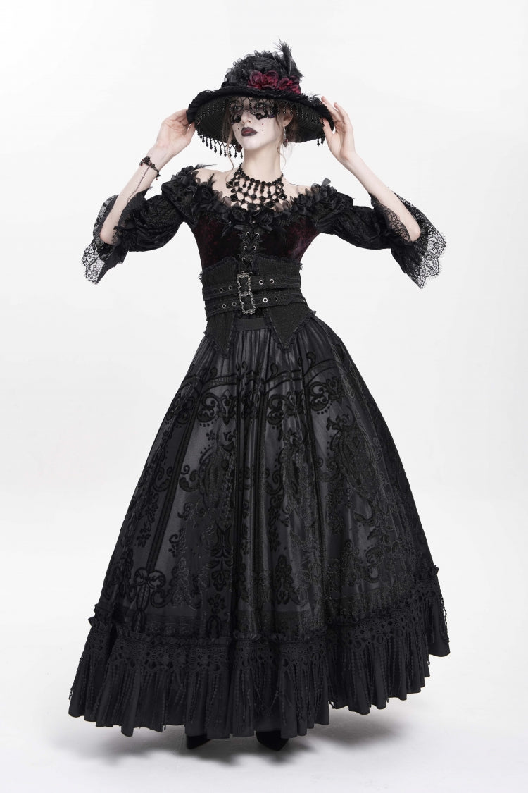 Black Jacquard Embroidery Buckle Tassels Women's Gothic Long Skirt - Product - 7