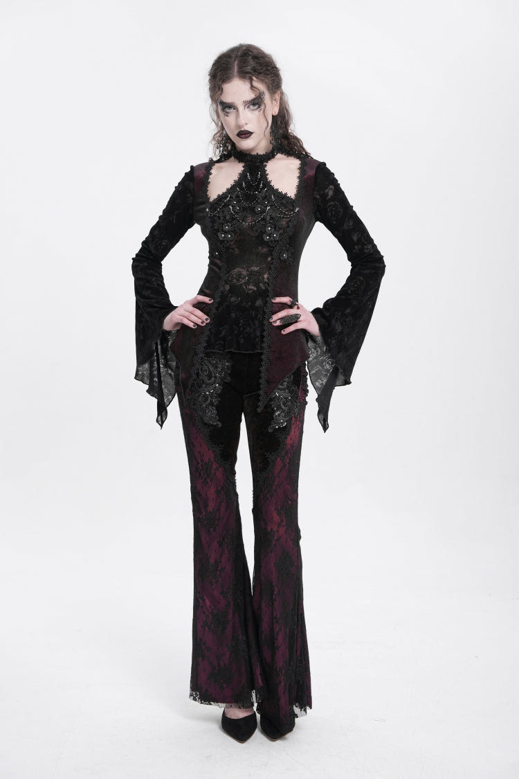 Red Long Trumpet Sleeves Jacquard Cutout Women's Gothic Blouse - Product - 8
