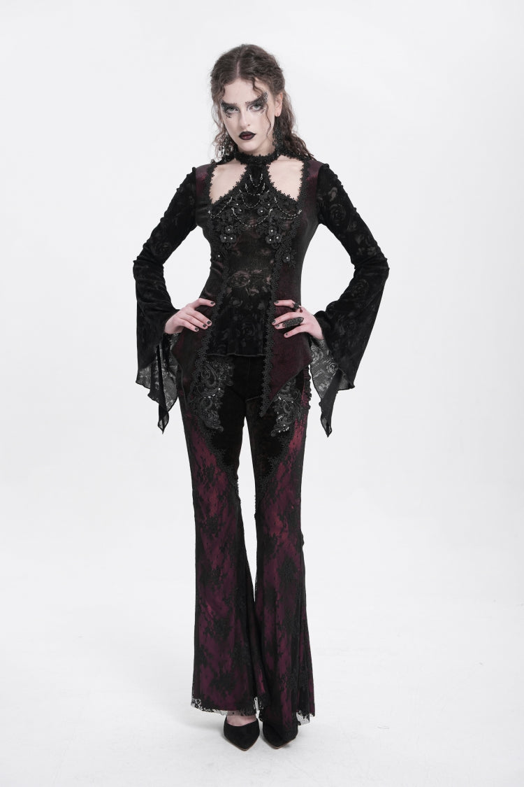 Red Long Trumpet Sleeves Jacquard Cutout Women's Gothic Blouse - Product - 8