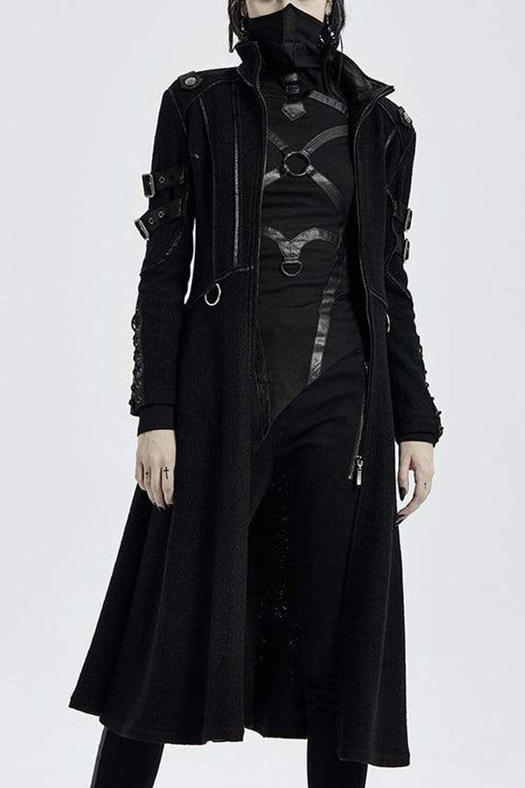 Black Punk Stand Up Collar Metal Buckle Crack Leather Strap Decoration Lace Up Cuff Woolen Women's Coat - Black - 1