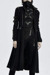Black Punk Stand Up Collar Metal Buckle Crack Leather Strap Decoration Lace Up Cuff Woolen Women's Coat - Black - 1