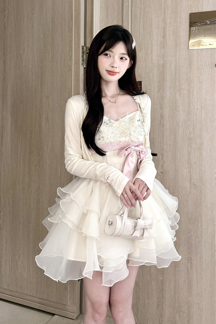 Ivory [Radiant Heiress] Sleeveless Multi-Layered Ruffled Embroidered Bow Pearl Detail Sweet Lolita Jsk Dress - Product - 4
